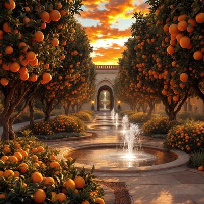 The primary subject of the image is a beautiful garden with a fountain and a pathway surrounded by orange trees. The setting is a lush, green garden with a fountain in the middle, and the background features a sky with clouds. The visual style of the image is a digital art, which adds a sense of realism and depth to the scene. The dominant colors in the image are orange and green, creating a warm and inviting atmosphere.